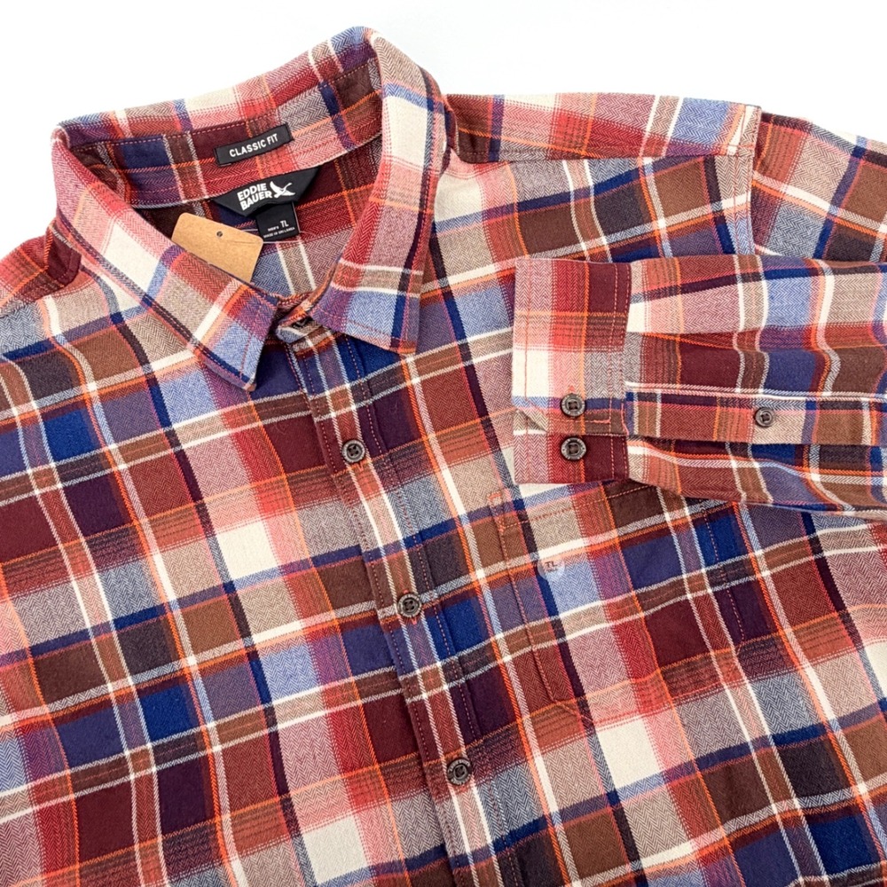 NEW Eddie Bauer Flannel Shirt Mens LT Red Blue Plaid Classic Fit Long Sleeve